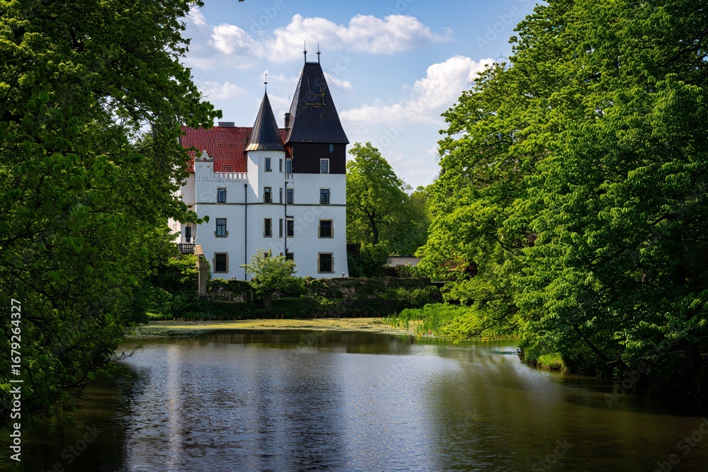 Fototapeta premium Historic white castle with tall spires surrounded by lush green trees and a calm lake