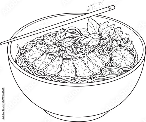 Intricate line art depicting a bowl of Vietnamese Bun Bo Hue wit