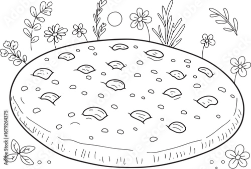 Focaccia coloring page with floral accents, bread illustration f