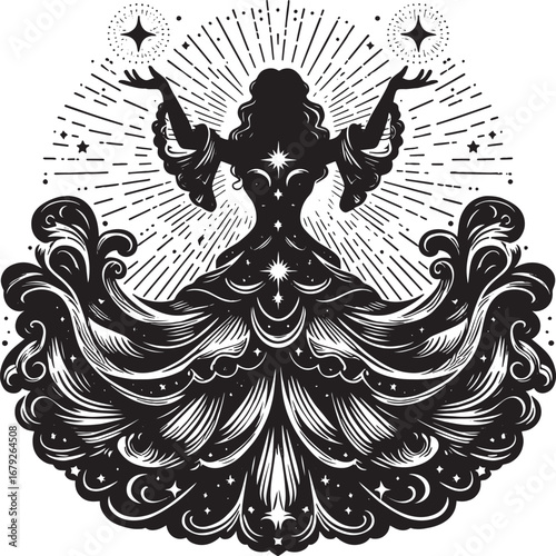 Mystical Silhouette: A Woman Casting Magic with Celestial Orbs in a Radiant Starburst