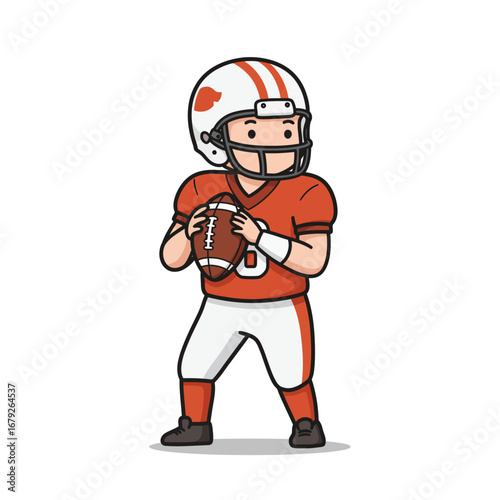 Cartoon illustration of a football player in uniform holding the ball, ready to throw.