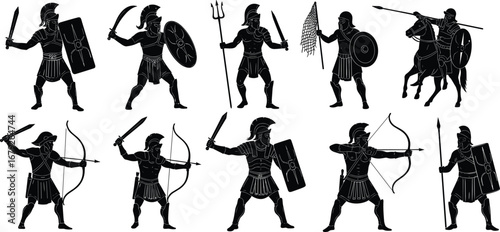 Ancient Roman and Greek warriors with weapons, shields, bows, spears, and armor in black silhouette style, historical battle illustration