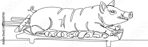 Minimalist line drawing of Babi Guling, a traditional Balinese r