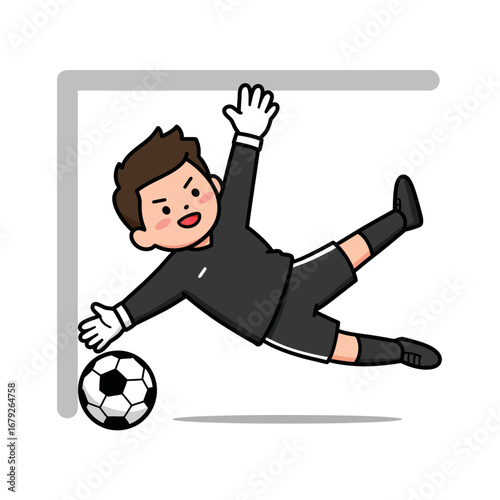 Cartoon soccer goalie diving to catch a ball at the goal post.