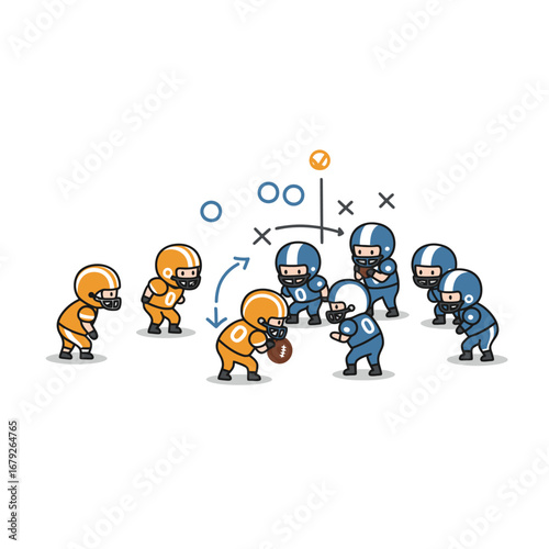 Cartoon illustration of an American football play, showing offensive and defensive players in action, with ball carrier and strategy markings.