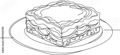 Elegant line drawing of moussaka on a plate, showcasing layered