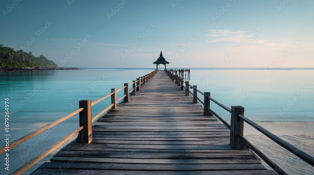 Obraz premium Tranquil Wooden Pier Extending into Calm Blue Ocean at Sunrise