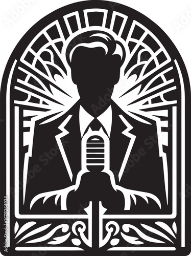Silhouette of a Man Holding a Microphone within a Stained Glass Window Design