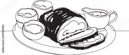 Elegant line art depicting a British roast beef dish with yorksh