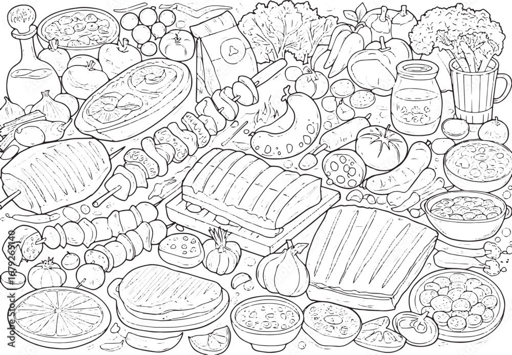 Fototapeta premium Detailed Sketch of Argentinian Asado Ingredients Ready for Color