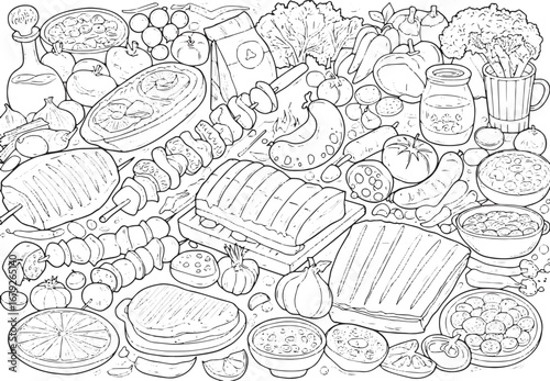 Detailed Sketch of Argentinian Asado Ingredients Ready for Color