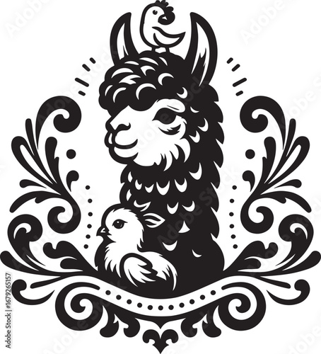 Black and white artistic illustration of an alpaca with a chick and decorative elements