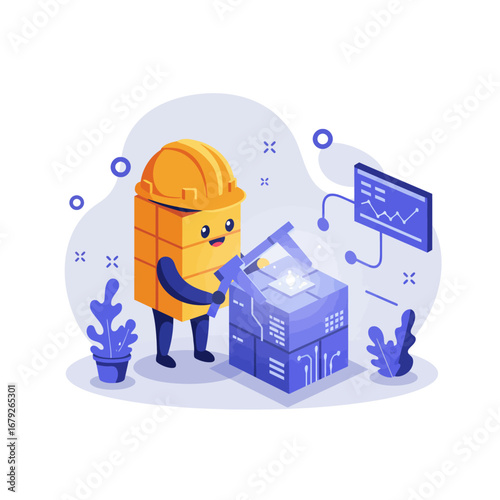 A cartoonish character, resembling a building block, works on a stack of interconnected blocks, symbolizing construction and data integration.