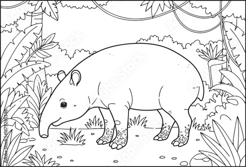 Enchanting Tapir in Lush Jungle: A Delightful Coloring Page Illu