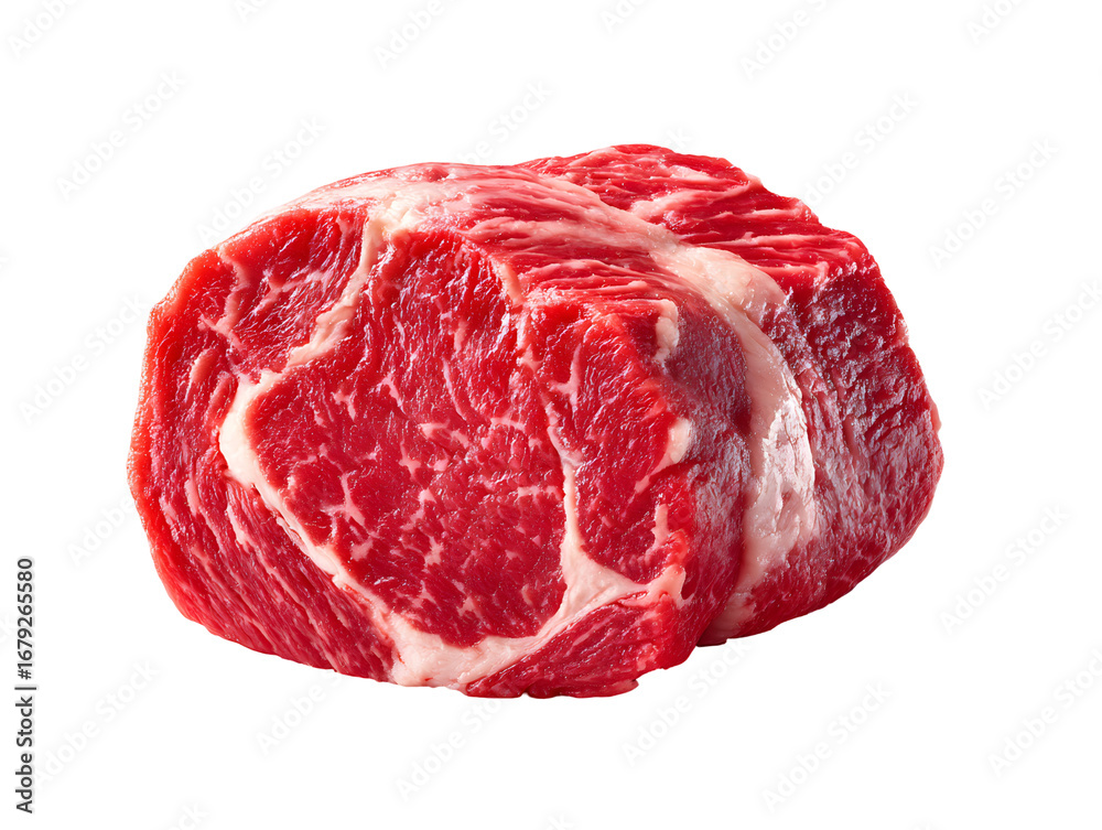 Fototapeta premium A fresh, raw boneless ribeye roast with intricate marbling. Isolated on a clean background, it's perfect for gourmet grilling, steak, and fine dining.