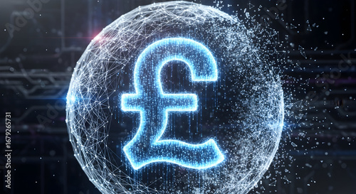 Glowing Blue Pound Symbol Within a Connected Digital Sphere