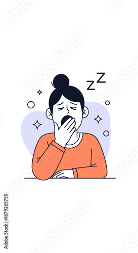 Young woman feeling sleepy and yawning widely covering her mouth with her hand while resting at a table with stars and circles around her head