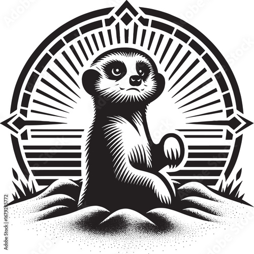Monochrome illustration of a meerkat in a burrow with sunburst design and geometric elements