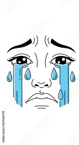 Expressive sad face illustration with blue tears flowing down cheeks depicting grief and emotional distress