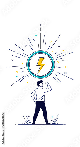Man demonstrating personal energy and inner power with a lightning bolt symbol radiating light