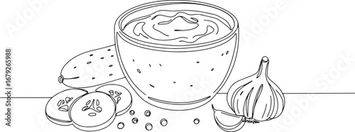 Elegant line art illustration of tzatziki sauce ingredients arra
