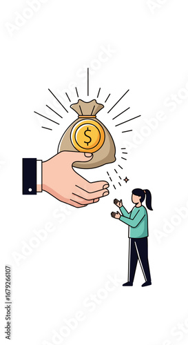 Illustration of someone receiving a money bag with coins falling from a helping hand symbolizing financial assistance and economic growth opportunities