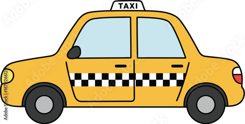 A yellow taxi cab with a checkered stripe on the side and a roof light on transparent background