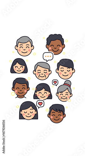 Diverse group of people smiling and interacting with love and connection across different ages and ethnicities
