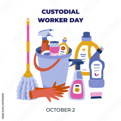 Square banner for Custodial Worker Day with trendy bright housekeeping and cleansing tools in bucket . Minimalistic holiday poster, with concept illustration, template for website, media.