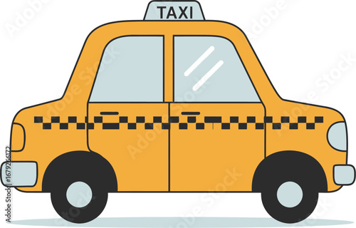 Yellow taxi cab vehicle with checkered stripe and roof light on white background on transparent background