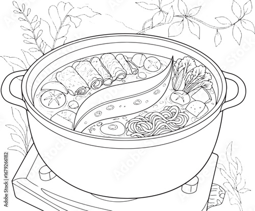 Detailed line art illustration of a simmering hot pot with diver