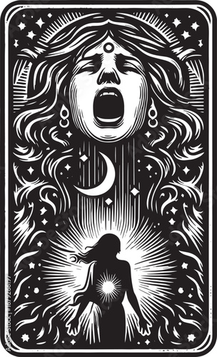 Mystical art piece depicting a celestial woman connected to a luminous silhouette below