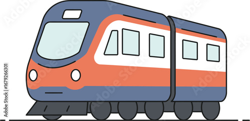 A cartoon train with orange and blue colors on the tracks on transparent background