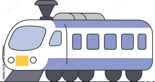 A blue and white cartoon train on a track on transparent background