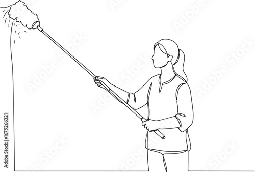 Minimalist line drawing depicting a woman dusting high corners i