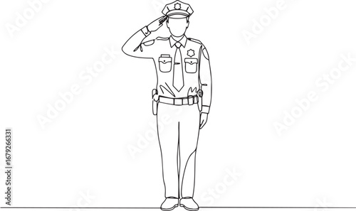 Monochrome line drawing: Policeman saluting in a minimalistic ar