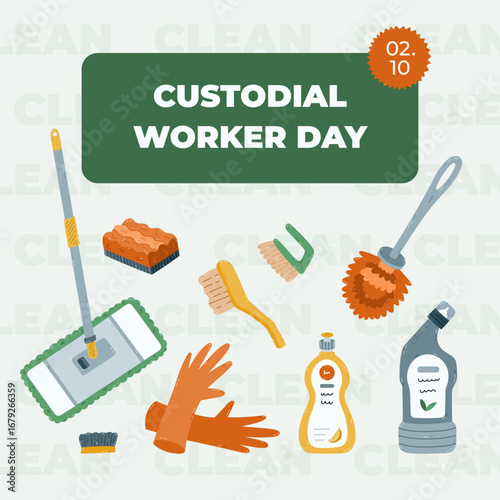 Lovely square banner for Custodial Worker Day with colorful cartoon concept illustration with washing apartment bottles, tools, brushes, rubber gloves. Holiday poster, website template, social media.