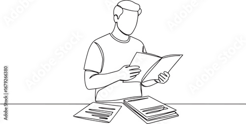 Continuous line drawing of a man reviewing documents and analyzi