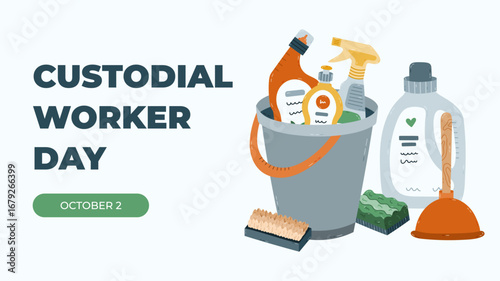Horizontal minimalistic banner for Custodial Worker Day with household tools, detergent bottles in bucket. Simple holiday concept illustration in warm colors for poster, website background, media.