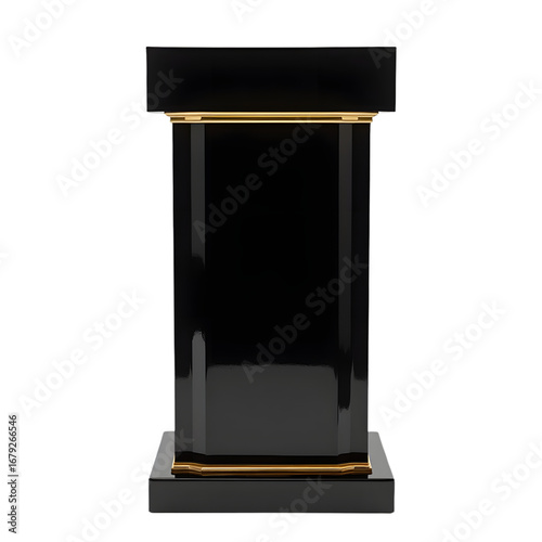 Black glossy podium with gold trim isolated on transparent background