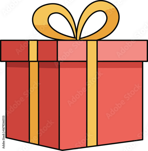 A red gift box with a yellow ribbon and bow on top is shown on transparent background