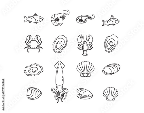 Seafood outline icons. Customizable stroke. Pixel flawless


