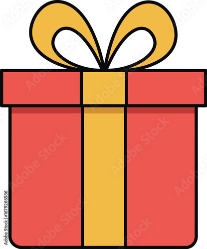 A red gift box with a yellow ribbon and bow on top is shown on transparent background