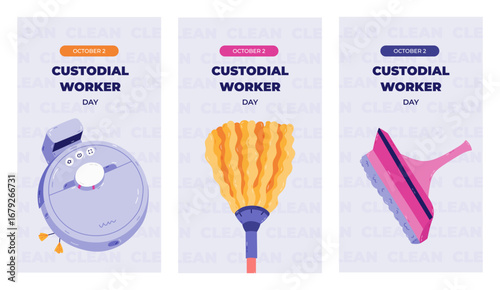 Vertical trendy set of stories for Custodial Worker Day with colorful home cleansing clipart. Greeting concept banner with robot vacuum cleaner, broom to swipe dust, window scraper for social media.