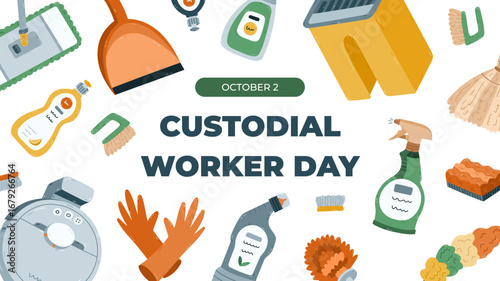 Horizontal colourful banner for Custodial Worker Day with hygiene tools clipart, toilet detergent, bucket, rubber gloves. Simple holiday poster, website banner, social media post in warm colors.