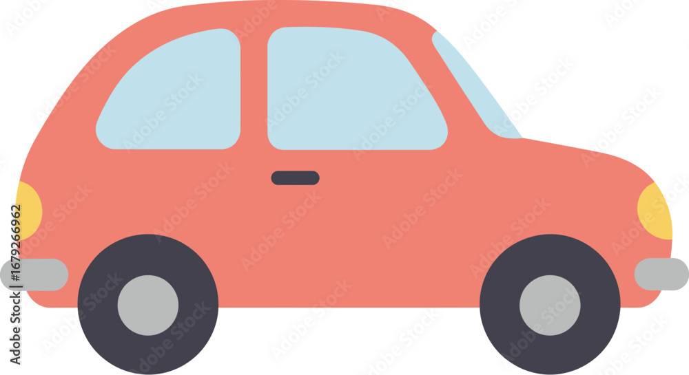 Fototapeta premium A coral colored cartoon car with light blue windows on transparent background