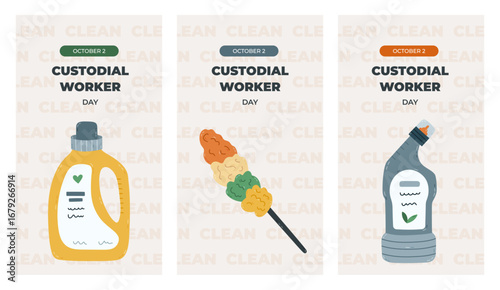 Vertical trendy set of stories for Custodial Worker Day with housework tools clipart. Greeting concept banner with laundry gel, toilet cleanser, feather duster for social media, web design, poster.