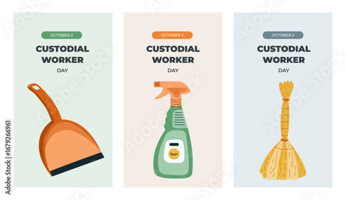 Simple set of vertical stories for Custodial Worker Day with colorful clipart of cleanup supply. Greeting concept banner with dustpan, spray bottle from dirt and stain, broom for social media design.