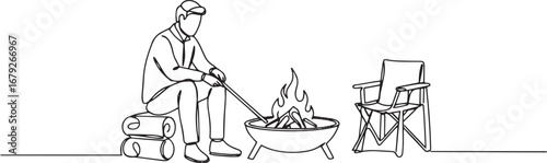 Line art of campfire scene showcasing relaxation and solitary co