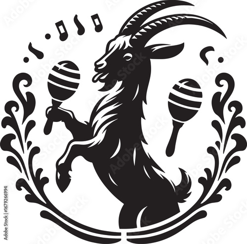 A stylized illustration of a goat holding maracas within a decorative circular frame design